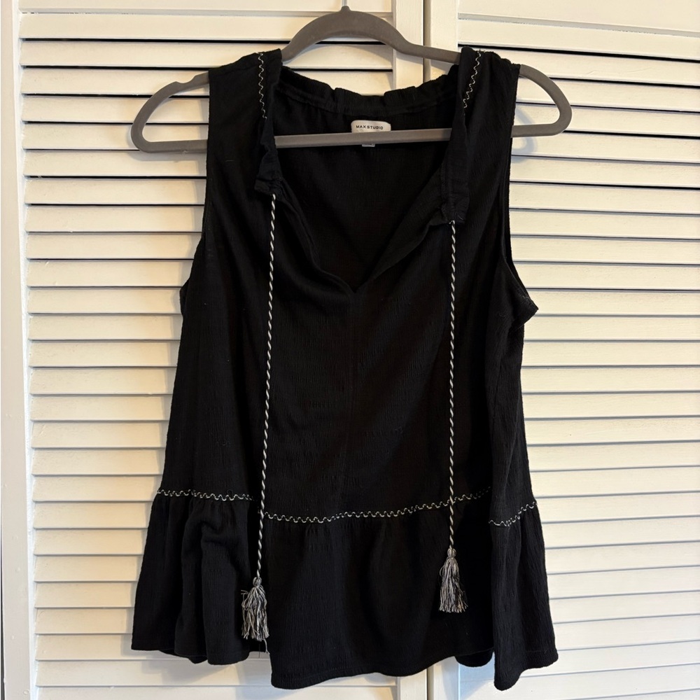 Max Studio Black Sleeveless Blouse with Tassel Accents